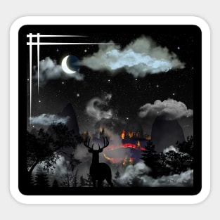 Starry Night Guardian - A Deer's and Fiery Landscape Sticker